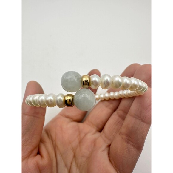 14k yellow beads genuine jade freshwater pearl wrap Bracelet - Picture 1 of 5